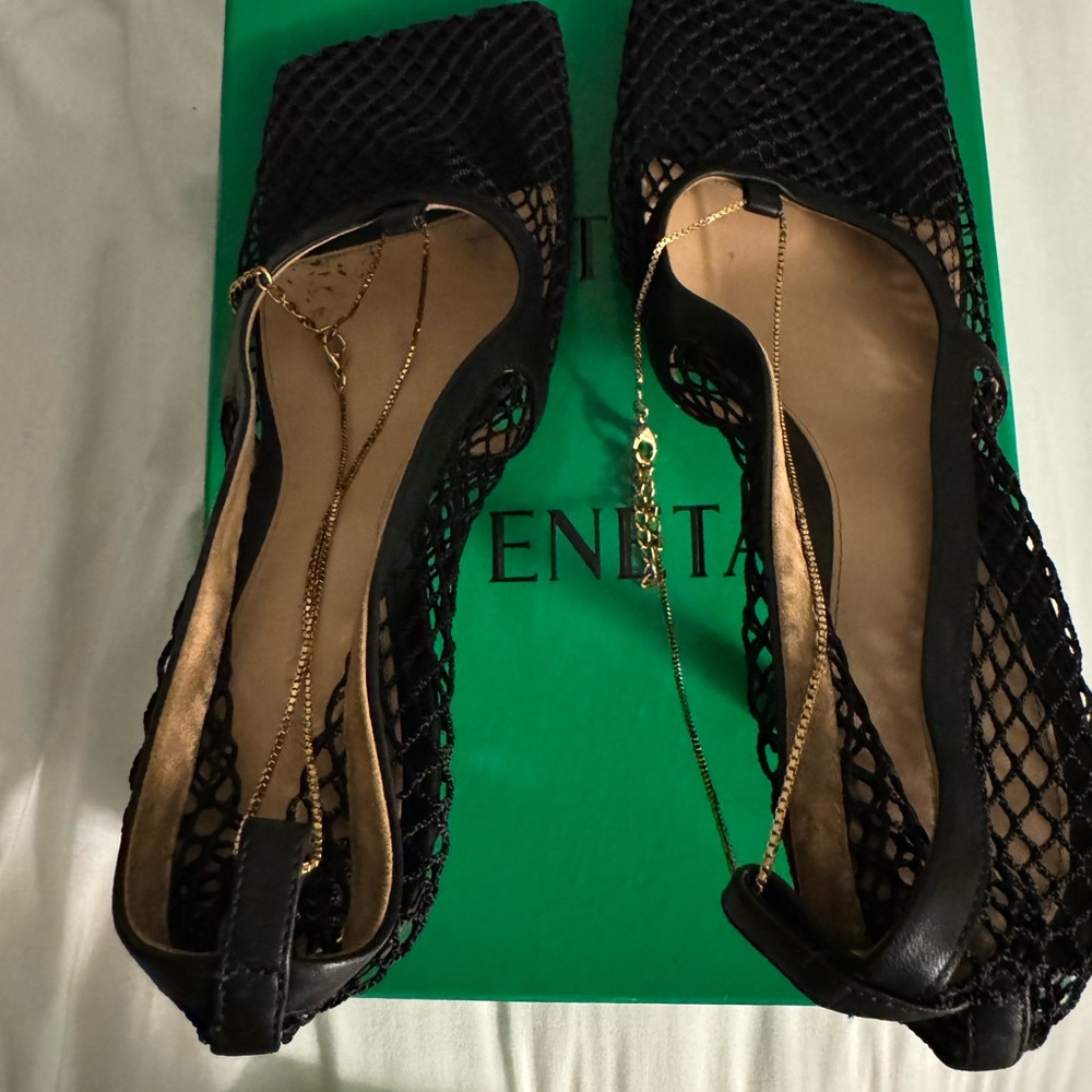 Bottega Veneta Black Mesh Heels with Gold Chain